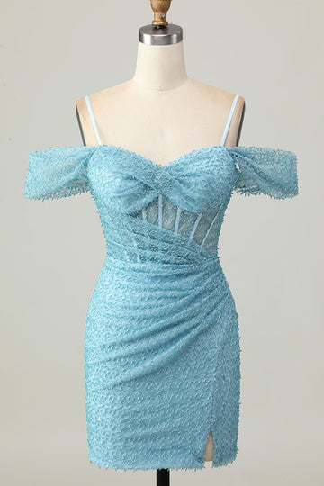 Bleu moulante épaules froides Corset Robe courte De Cocktail avec fente